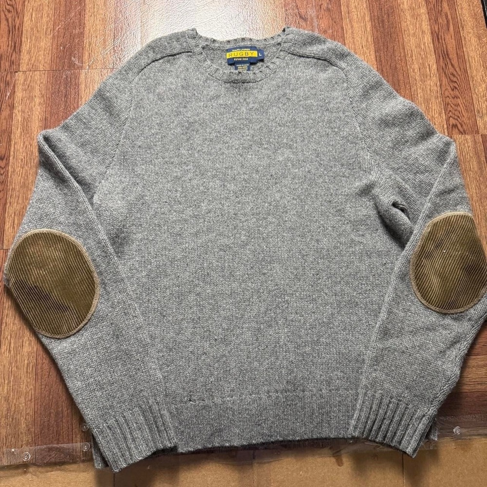 Polo Ralph Lauren RUGBY Vtg Rare Wool Elbow Patch Sweater Fits Medium